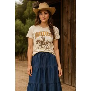 MOON RIVER Denim Tiered Midi Skirt COUNTRY COWGIRL 70s WESTERN ROMANTIC Size XS